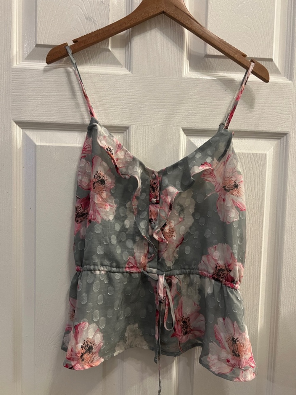 Express Sheer Gray Floral Ruffle Tie-Front Blouse